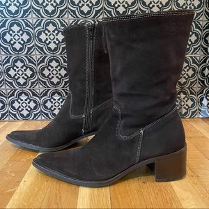 Bronx European Brand Brown Suede Leather Western Flare Thick Heel Booties